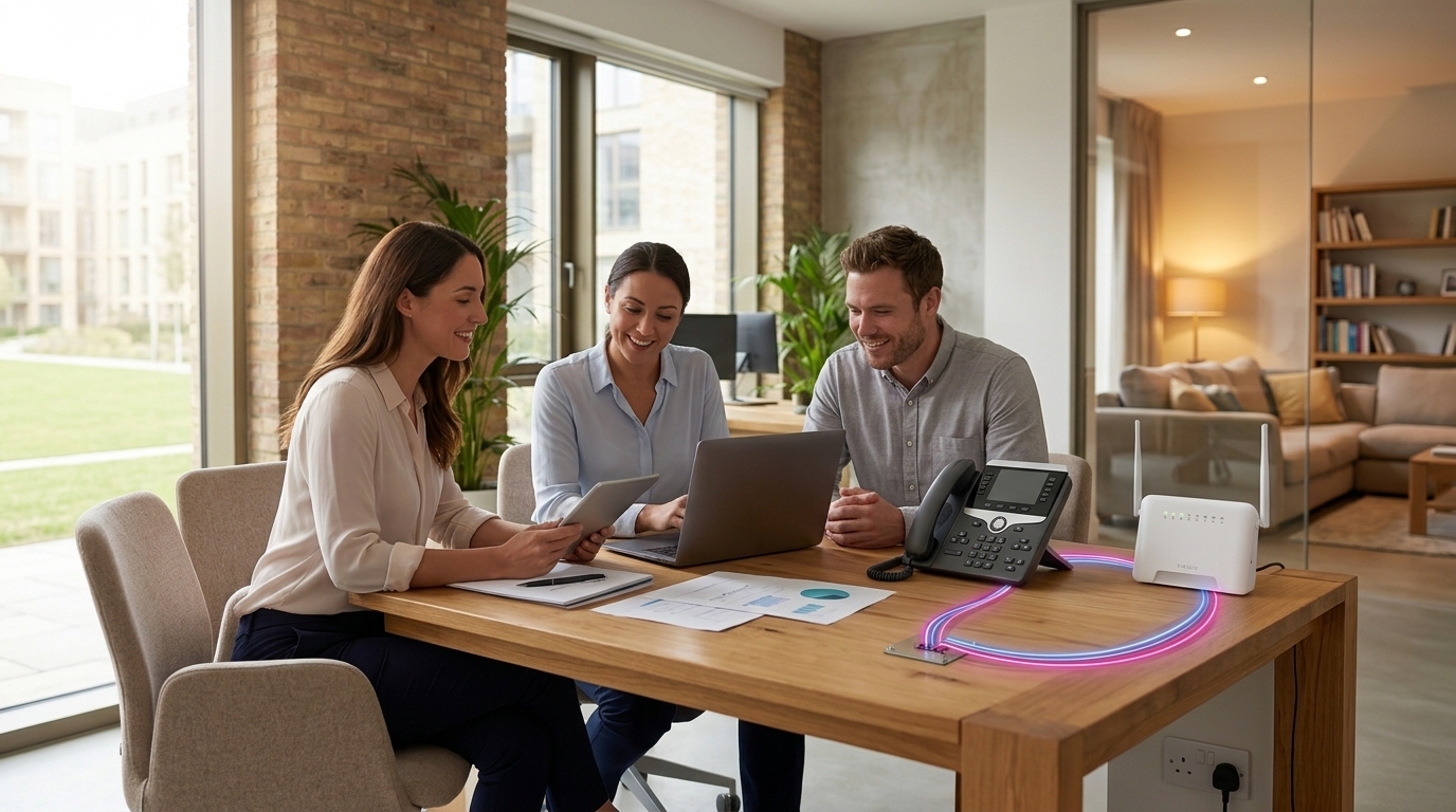 A business team discussing their broadband and phone service